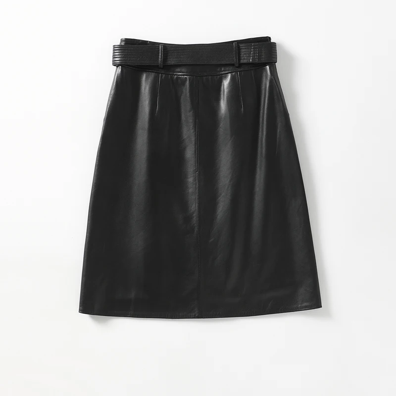 AYUNSUE 2023 Spring Genuine Leather Skirt Women Real Sheepskin A Line Skirt Korean Style Soft Black Skirts Belt Streetwear SGG