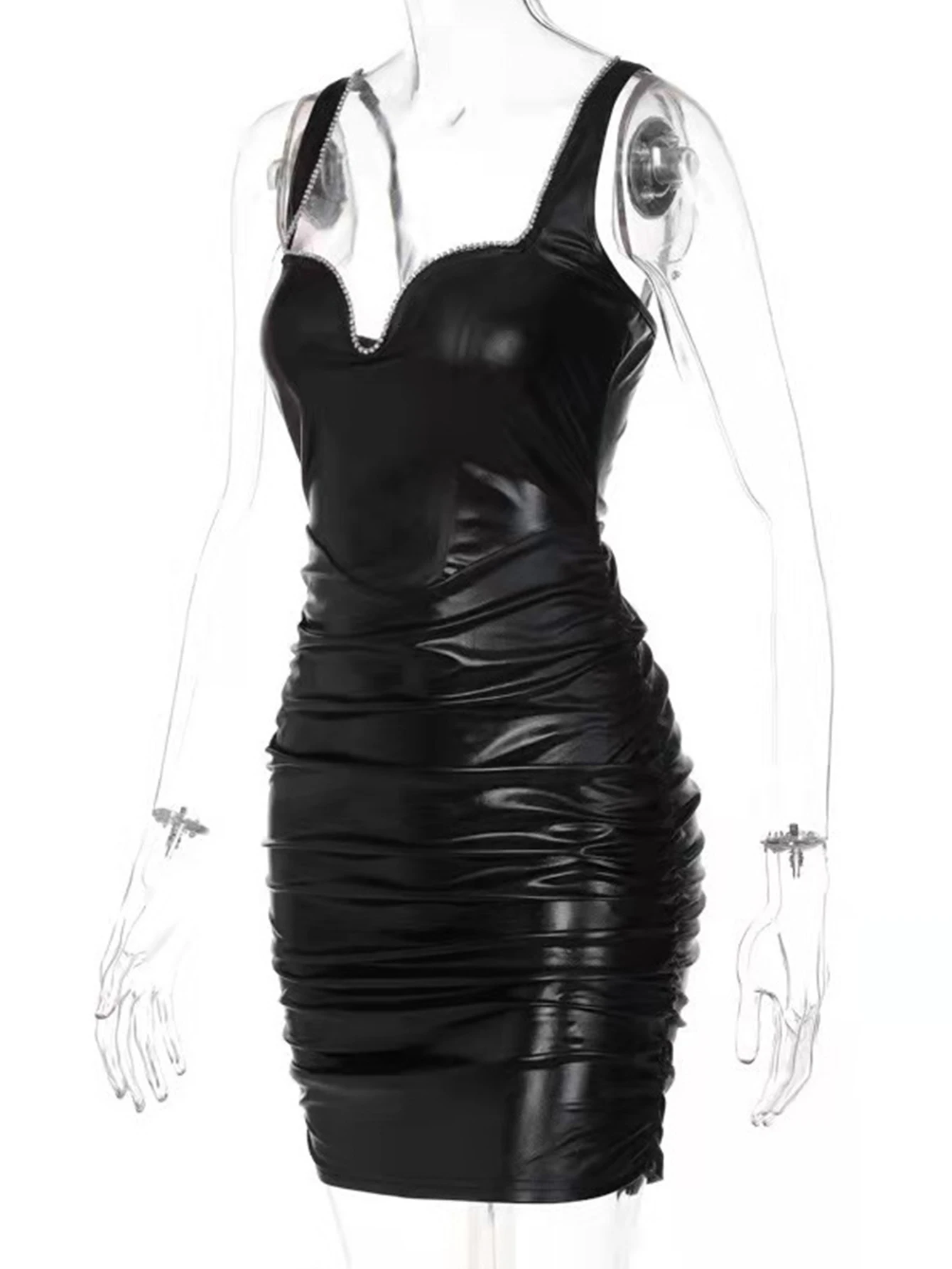 Minivestido Sexy de cuero negro con espalda descubierta para mujer, vestido de fiesta de cumpleaños con diamantes de imitación para club, vestidos de noche cortos ajustados