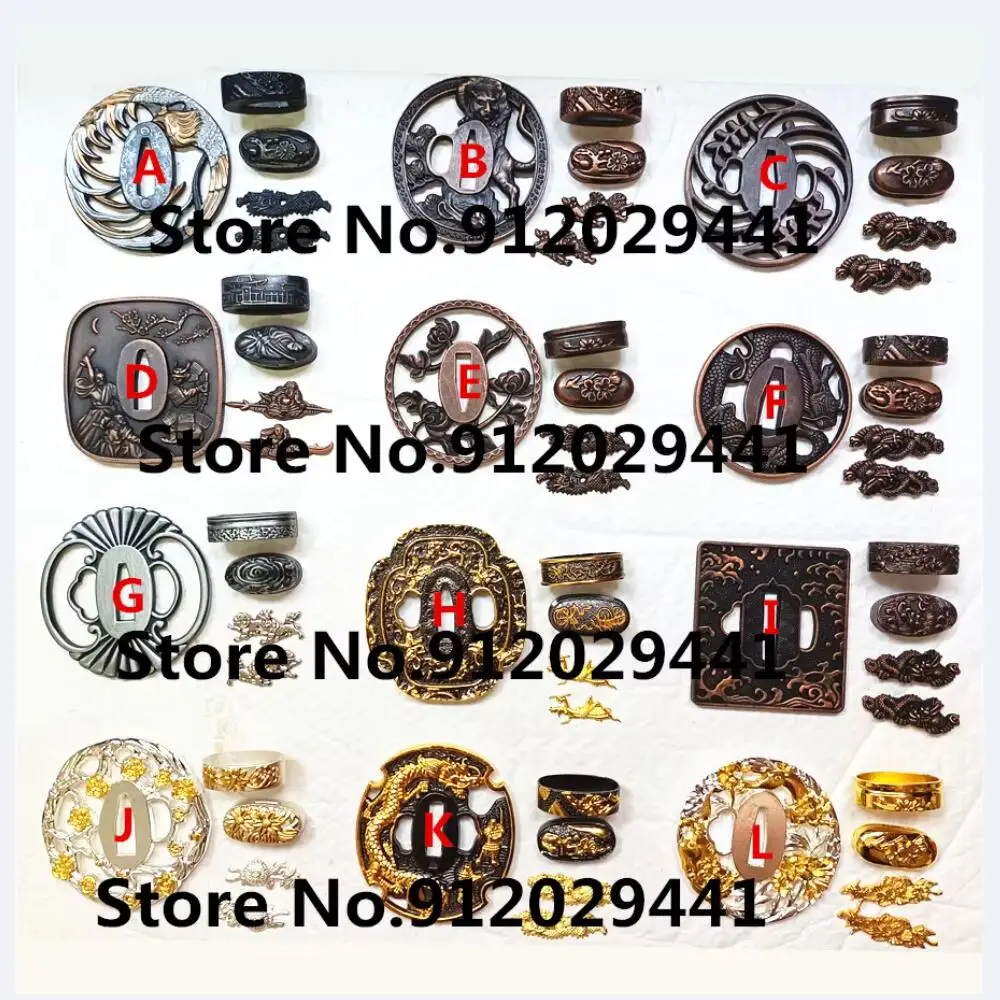 

A Set Alloy Different Tsuba+Fuchi+Kashira+Menuki Accessory Fitting For Japanese Sword Samurai Katana