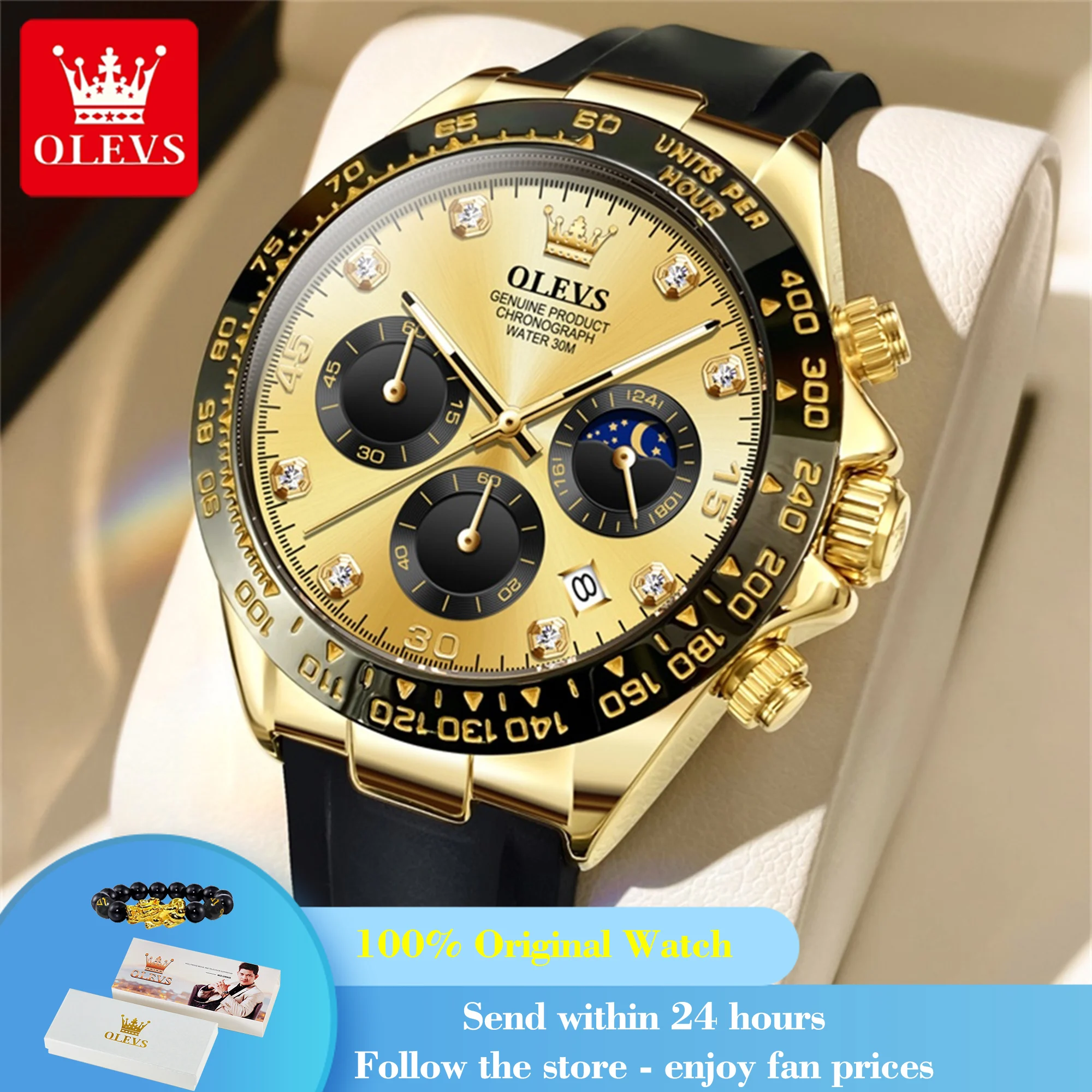 

OLEVS 2875 Man Watch Fashion Luxury Original Moon Phase Calendar Wristwatch Chronograph Silicone Strap Waterproof Watch For Men