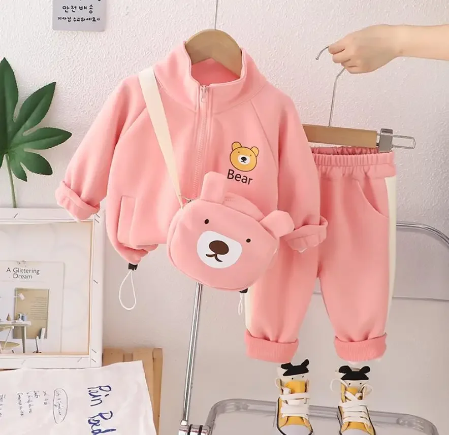 

Designer Girls Autumn Clothes Set Korean Style Boutique Outfit Cartoon Bear Zipper Sweatshirt Jacket And Pants Kids Jogging Suit