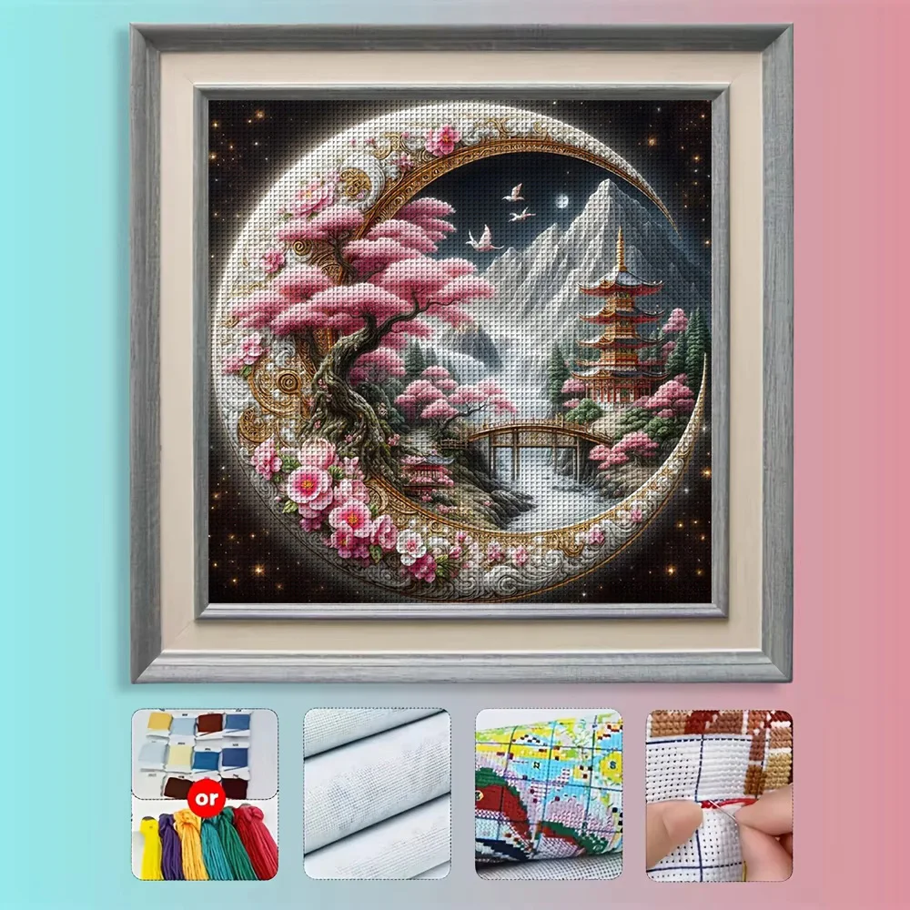 Cherry Moon Pagoda Cross Stitch Kit DIY 11CT Embroidery Home Wall Decor Gift Handmade Material Frameless Semi-Finished 36×36cm