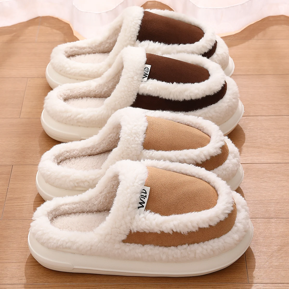 Winter Warm Fashion Color Patchwork Thick Furry Women Plush Slippers Non-slip Sole Men Couple Home Cotton Shoes