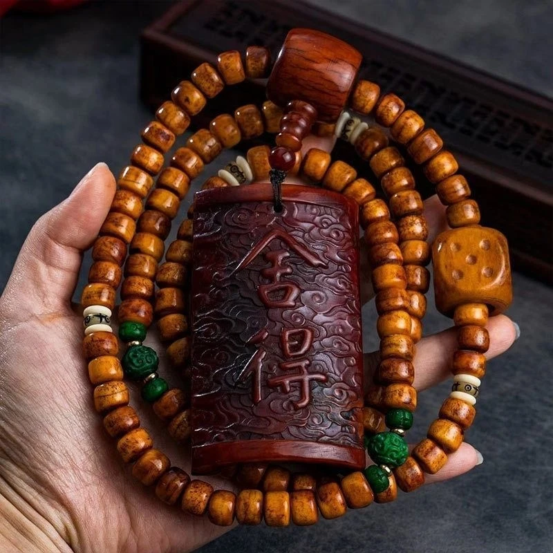 108-bead Buddhist bracelet made from vintage camel bone with Guan Yu motif, featuring a dragon and bull head design, a collectib