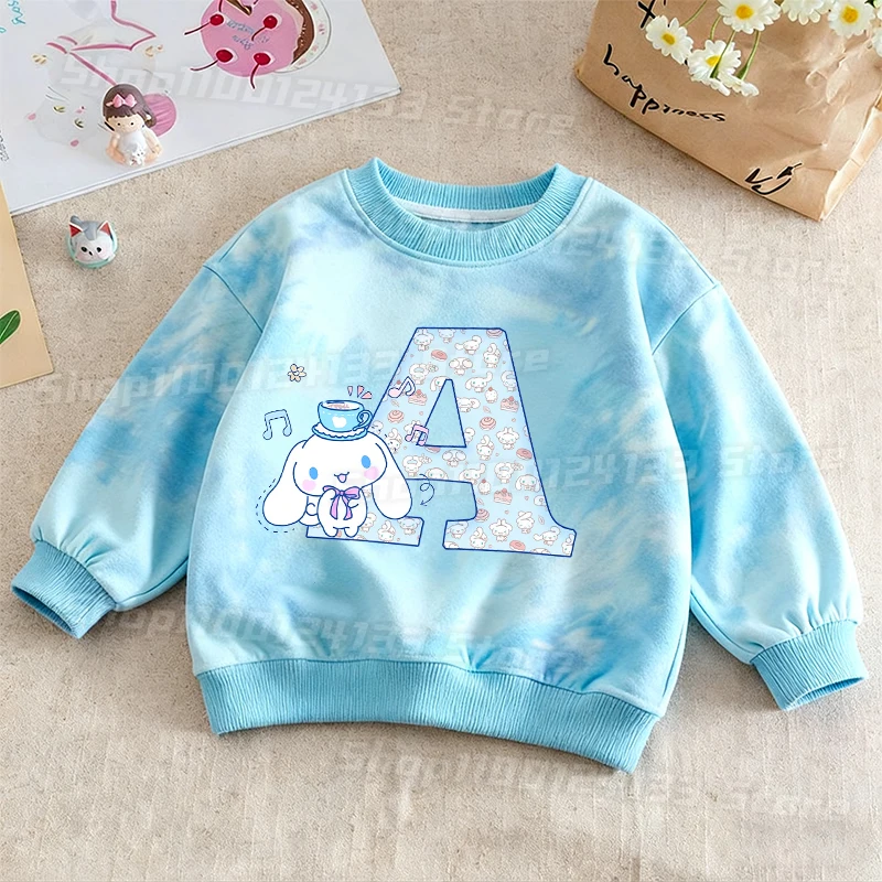 

Cute Cinnamoroll Streetwear TShirt Girl Sanrio Letters Anime Print Kids Y2K Kawaii Tie-dye Outdoor Pullover Long Sleeved Clothes