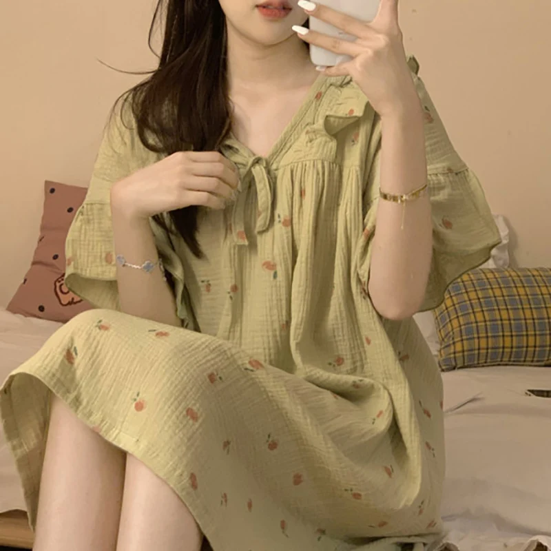 

Korean Sweet Short Sleeved Nightgown For Women Fashionable Printed V-Neck Bow Pajama Summer New Casual Home Ladies Nightdress