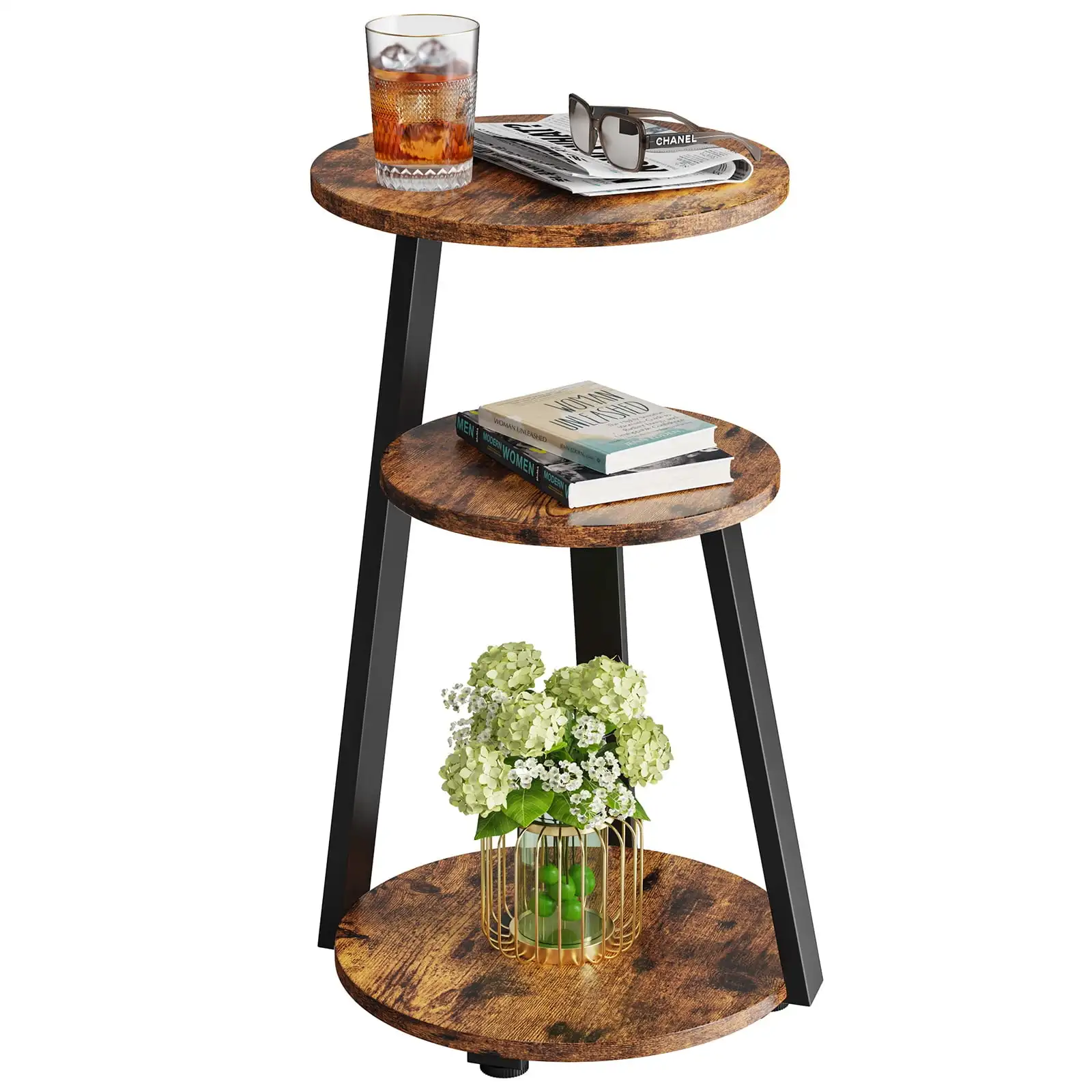 3-Tier Round Side Table with Metal Frame, 13.78