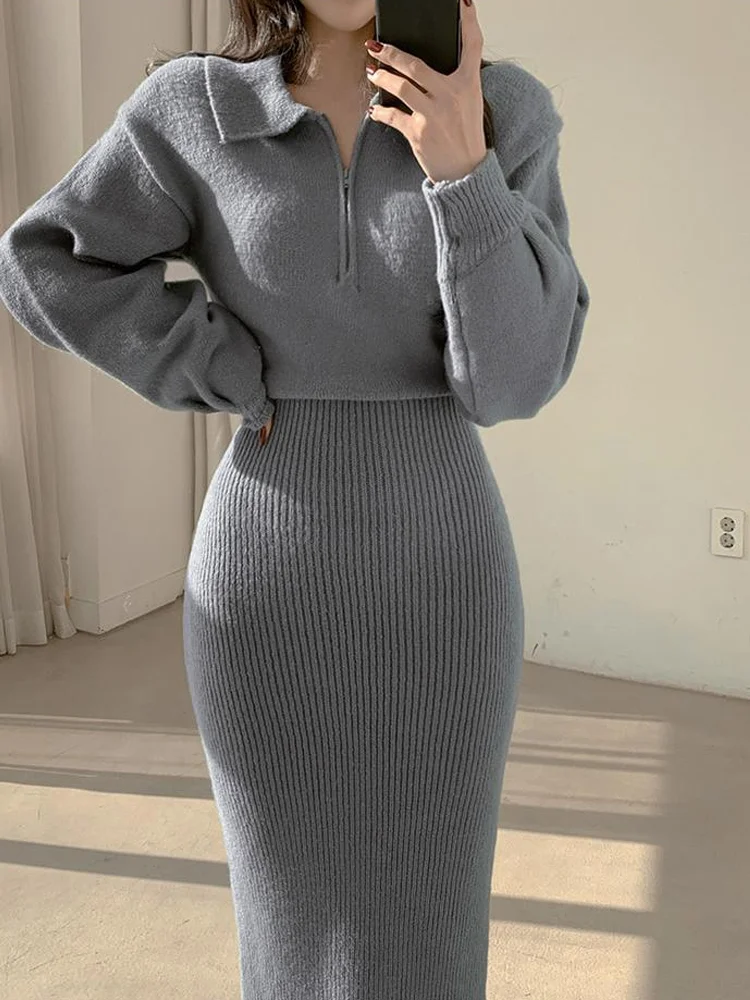 French sle High-Grade Polo Collar Sweater Dress Women Autumn and Winter Design Gentle Lazy Knitted Sheath Long Skirt