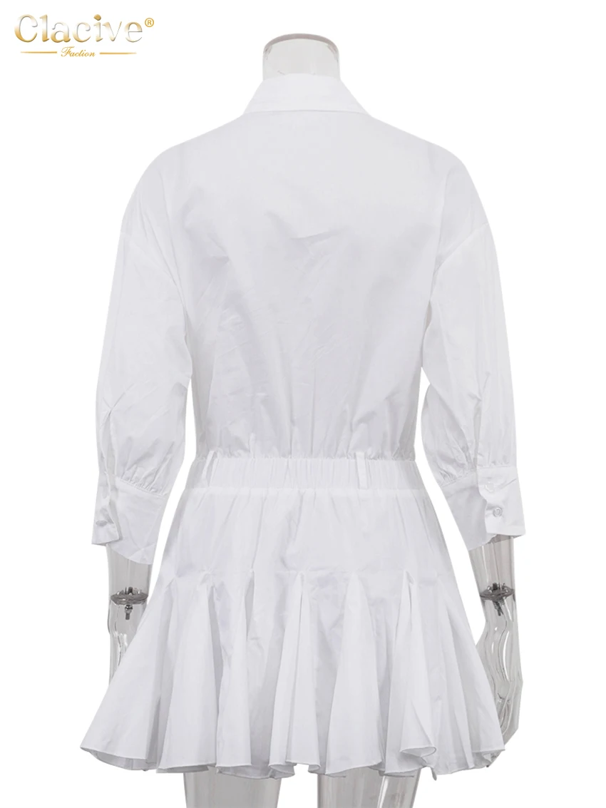 Clacive Fashion luźna biała bawełniana sukienka damska 2025 Casual Lapel z długim rękawem Mini sukienki elegancka klasyczna plisowana sukienka damska