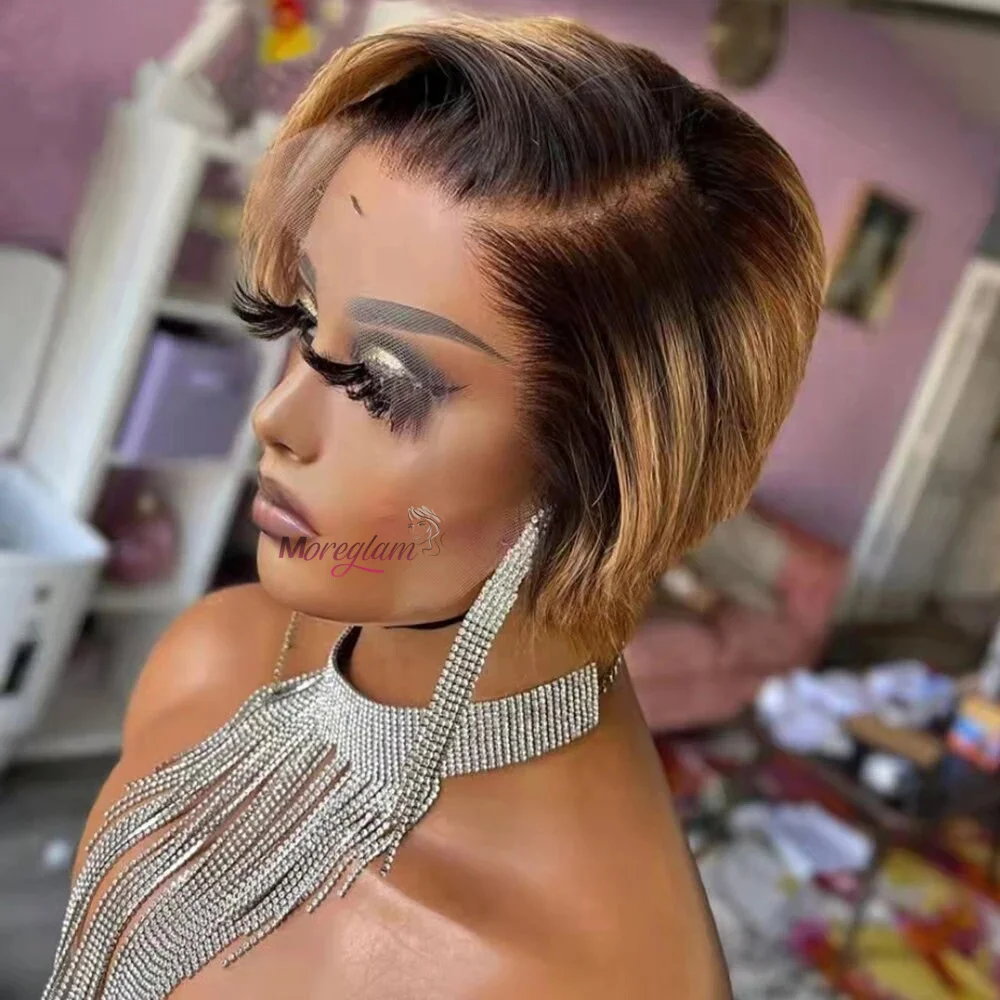Braune Pixie-Cut Echthaarperücken für Frauen, Brasilianisches Blondes Ombre Kurzes Echthaar, Gerade Perücke mit Highlights, Vorgezupft – Detail 33