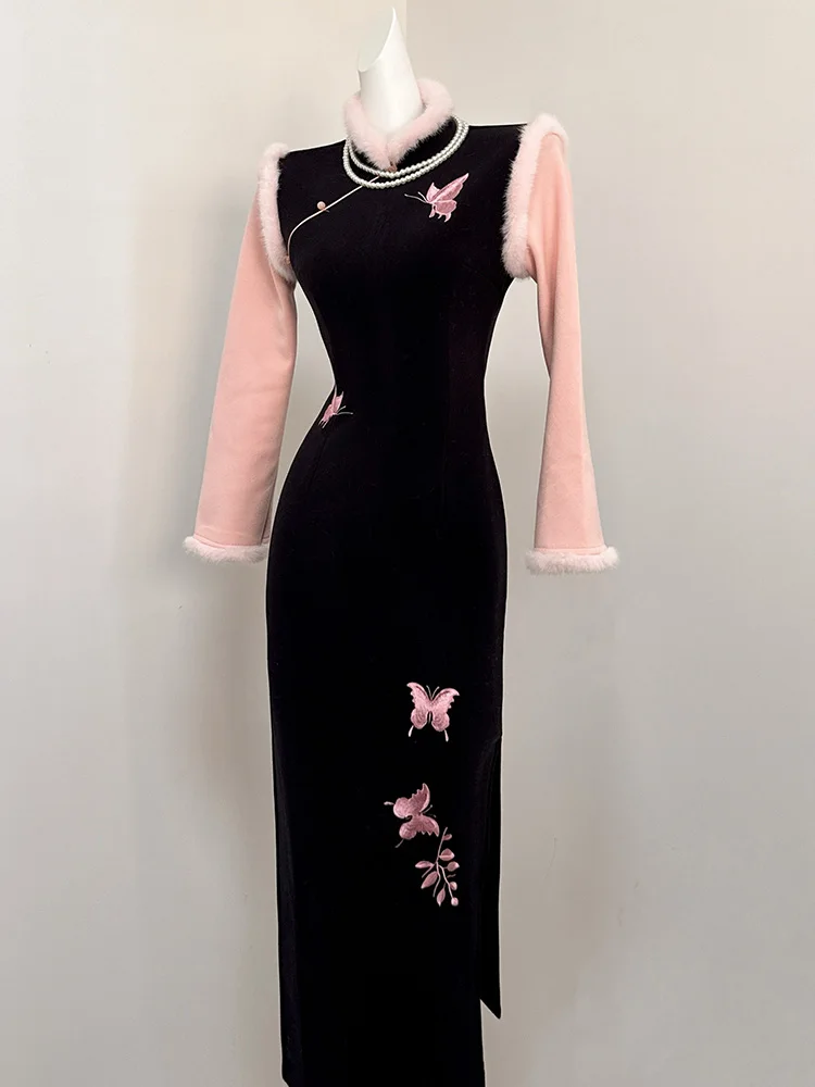 

Новое зимнее женское платье-ципао с длинными рукавами, утепленное, с высокой талией, в китайском стиле, класса люкс, макси-длина