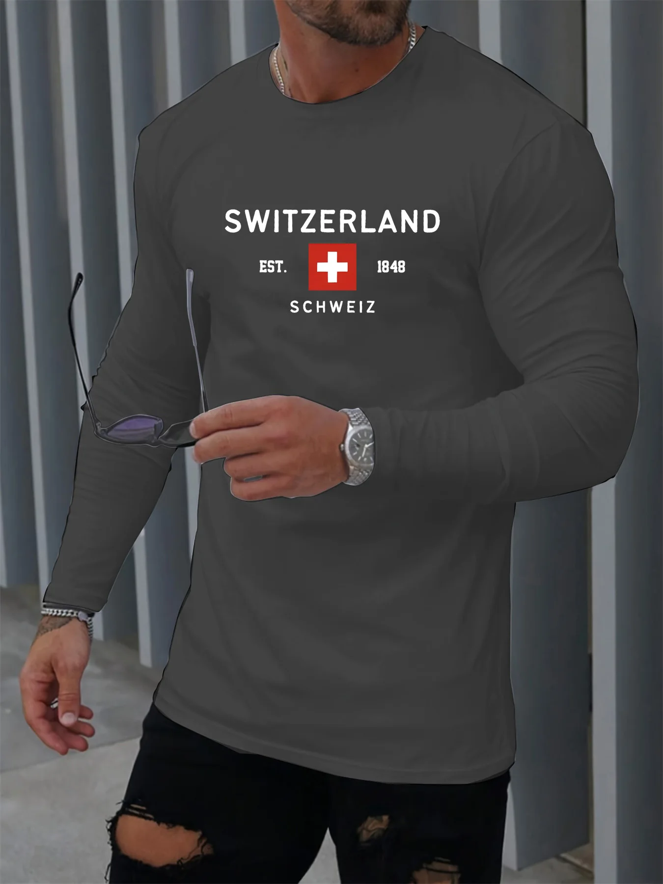 Men's Spring and Autumn 100% Cotton Comfortable Casual SWITZERLAND Pattern Printed Round Neck Long Sleeve T-shirt Top