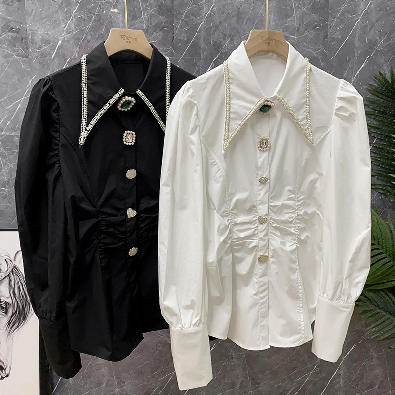 

Heavy Embellished Pearl White Fitted Waist Pleated Bubble Sleeve Doll Collar Shirt Women's Design Sensation Cotton Long...