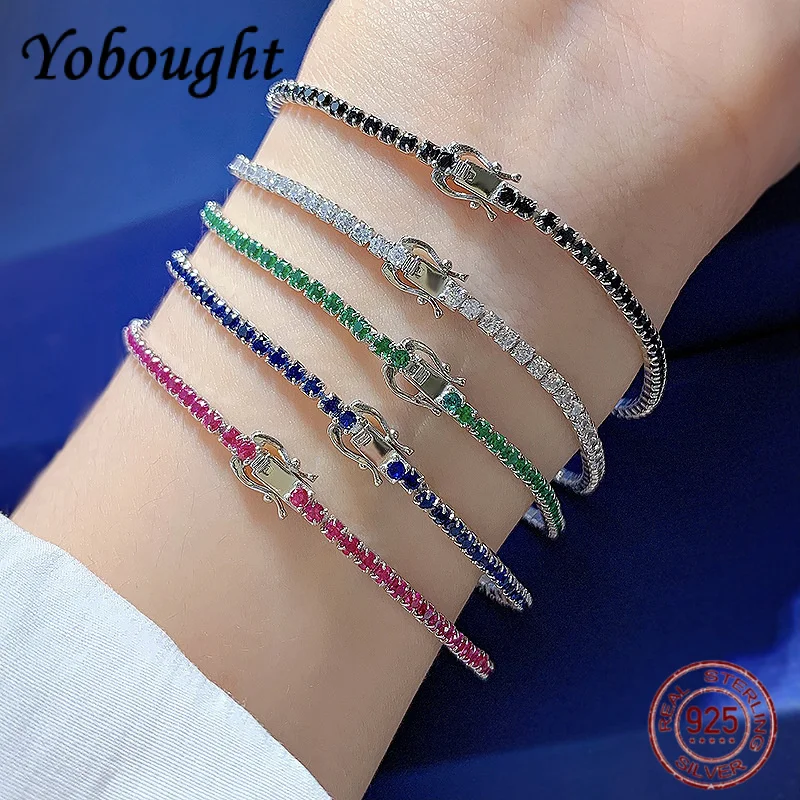 

S925 Pure Silver Simple 2MM Single Row Colored Zircon Bracelet Suitable For Women's Fashionable And Shiny Jewelry