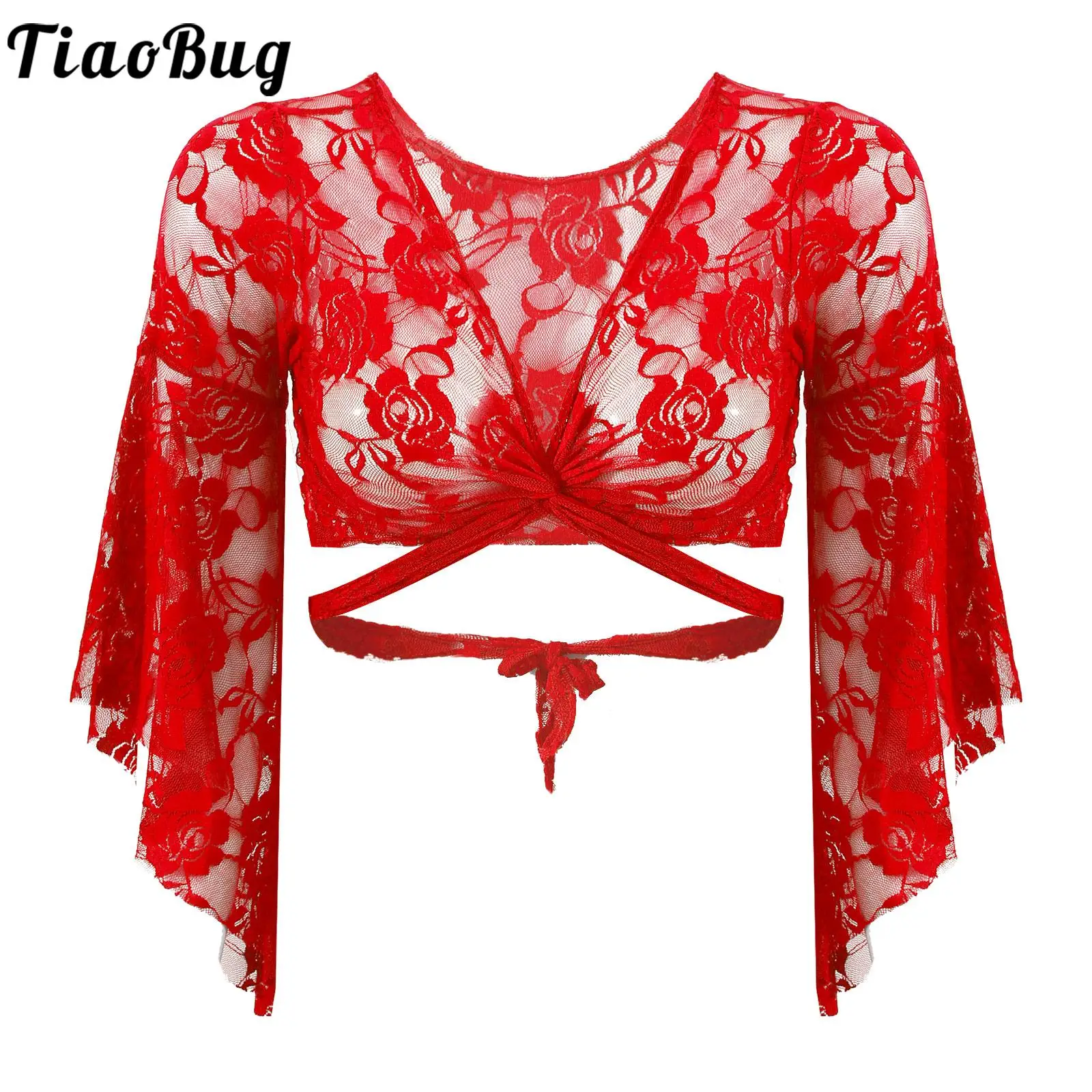 Women's Belly Dance Top Bolero Short Cardigan Lace Flare Long Sleeve Shrug Lace-up Shirt Gymnastics Cover Up Cardigan Wraps