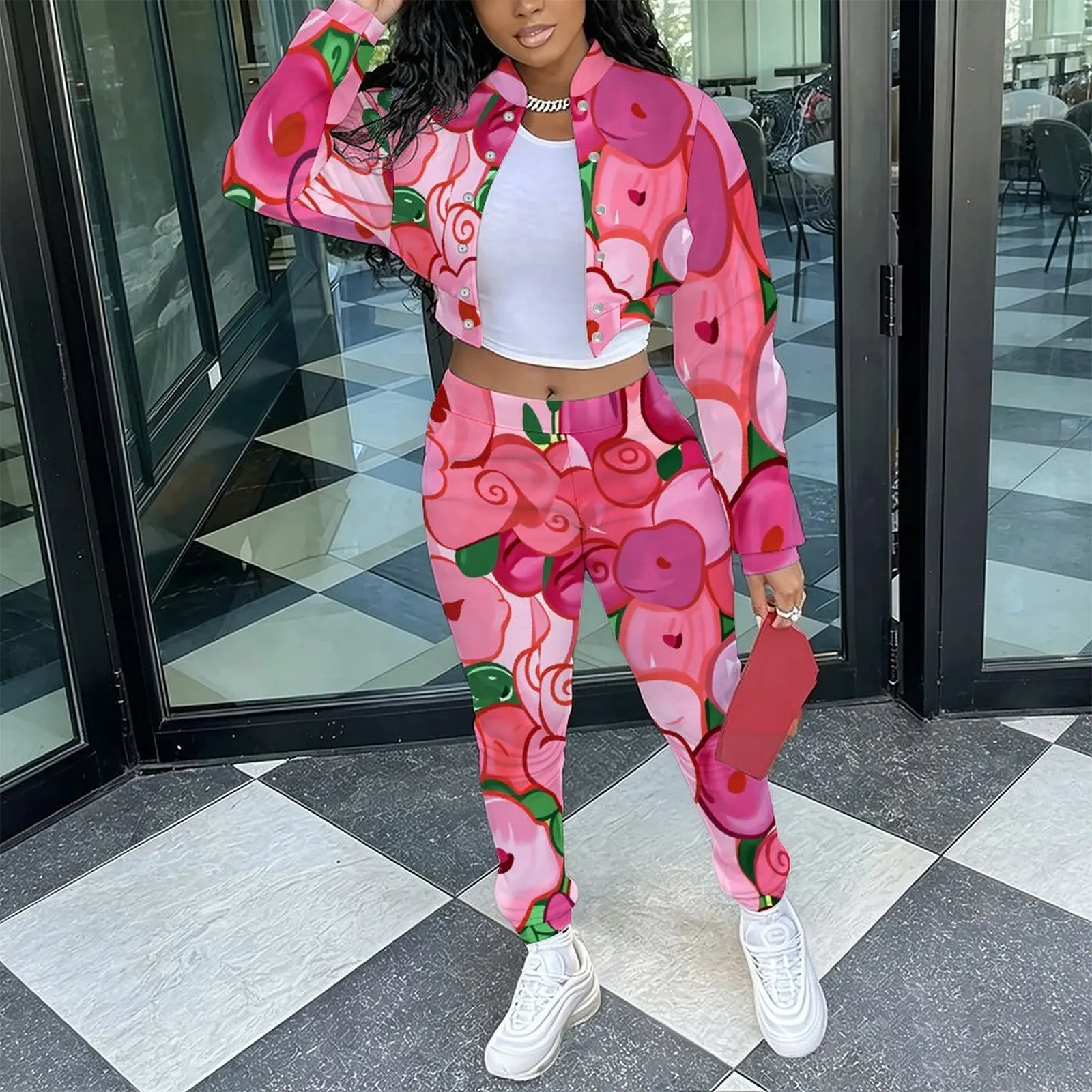 Female Fashion Two‑Piece Set Retro Long Sleeve Stand Collar Jacket  Slim Fit Long Pants Ladies Everyday Commuting Elegant Outfit