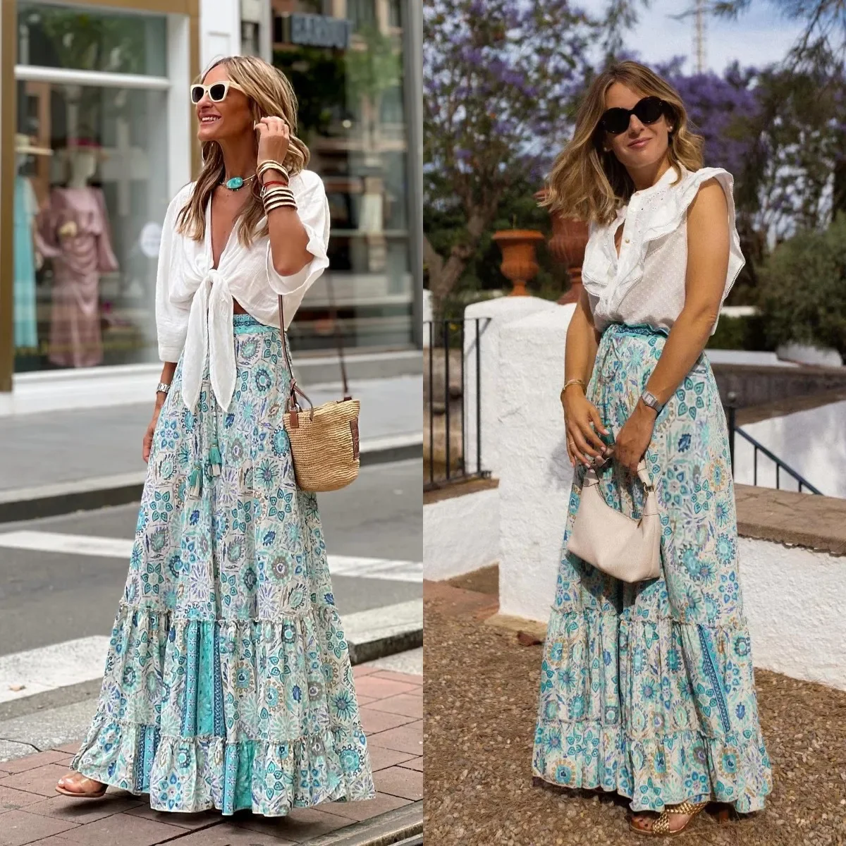 Women A-line Skirt Casual Print Long Skirt Loose Stretch High Waist Bohemia Summer Skirts for Women Clothes Beach Holiday Skirt