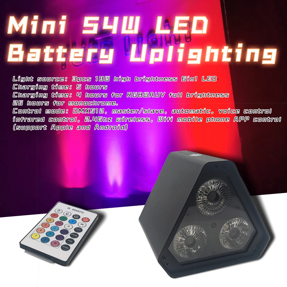 Nieuwe Mini Battery Operated Wedding Uplight 3X18W Rgbwauv Led Draadloze Dmx Wifi App Afstandsbediening Dj Disco par Geluid Party Lichten