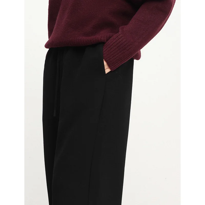 2025 Women's Fashion Autumn New Casual Brushed Warm Elastic High Waisted Loose Drawstring Solid Color Wide Leg Pants