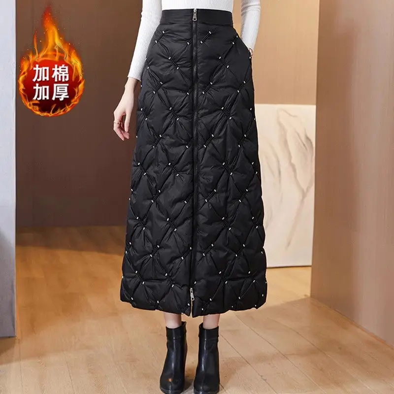 Windproof Down Cotton Skirt Diamond Pattern Thickened Skirt Black Autumn And Winter Thickened Skirt Fashion Vintage Jupe Z4007