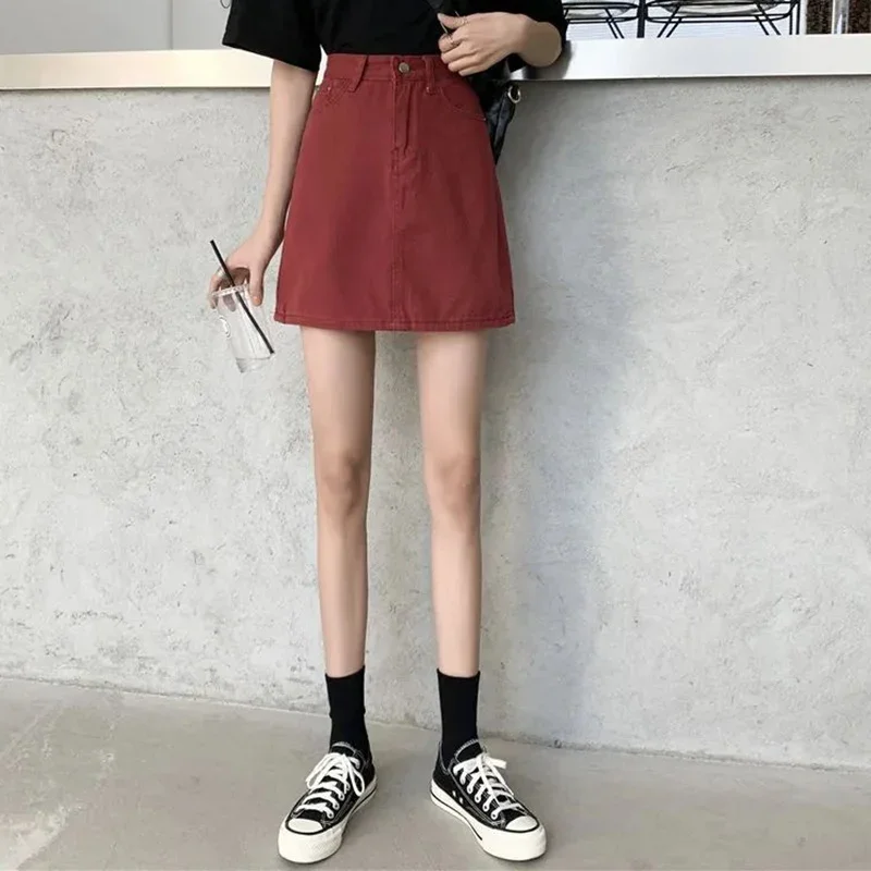 Dame classique Version coréenne Wrap hanche robe 2025 été femme vin rouge mince jean jupe femmes mode Slim Fit Denim jupe courte