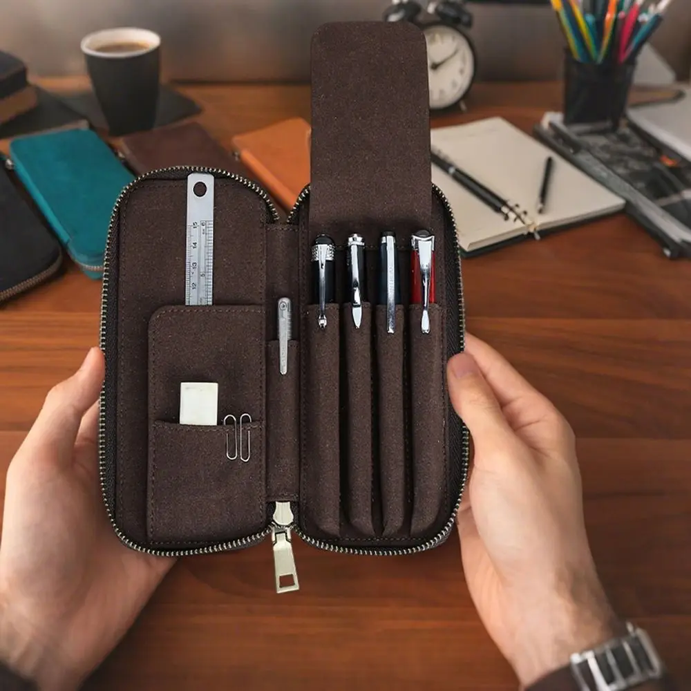 Handmade Leather Genuine Leather Pencil Case Vintage Style Crazy Horse Leather Fountain Pen Bag 4 Slots Design
