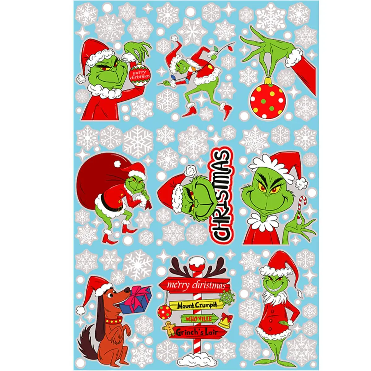 9 أوراق ملصقات نافذة Grinch للزجاج عيد الميلاد على الوجهين ديكور عيد الميلاد ملصقات نافذة لتزيين مكتب المدرسة المنزلية