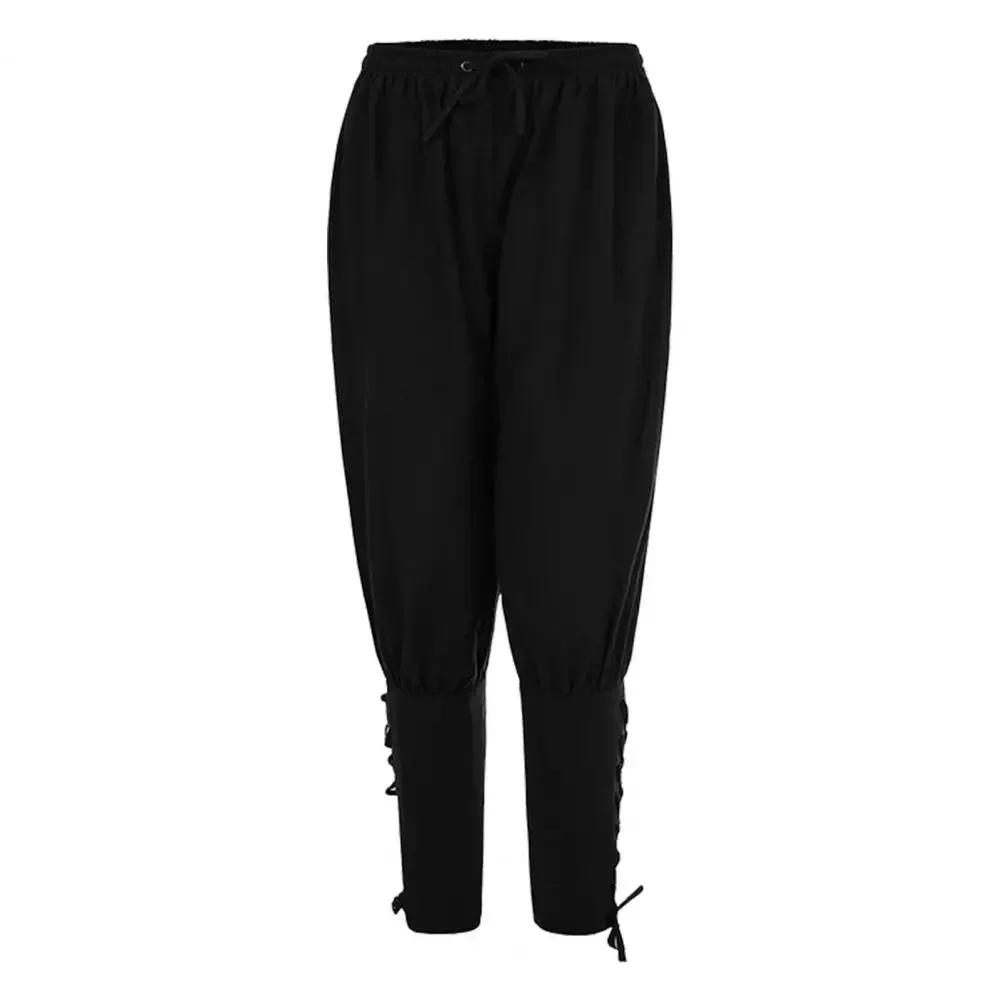 Pantaloni da pirata medievali per uomo adulto Costume da cavaliere in lino Leggings larghi Pantaloni con fasciatura per le gambe da navigatore nero