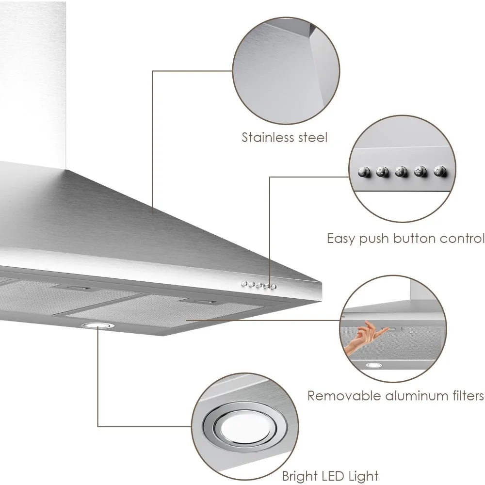 36 inch Stainless Steel Wall Mount Range Hood, 600 CFM Ducted/Ductless Convertible,Kitchen Vent Hood with 3 Speed Controls