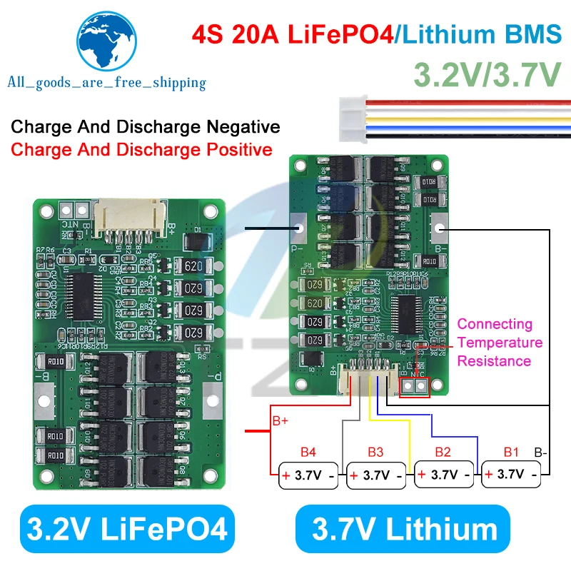 TZT 4S 20A 12.8V 14.4V 32650 32700 Lifepo4 Battery Balanced BMS for Electric Boat Uninterrupted Power Supply 12V Car Battery