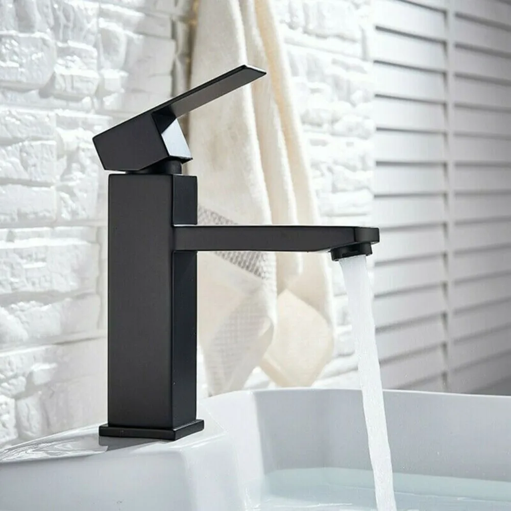 Matte Black Square Basin Faucet Bathroom Hot & Cold Water Sink Tap 304 Stainless Steel Waterfall Mixer Taps Deck Mounted