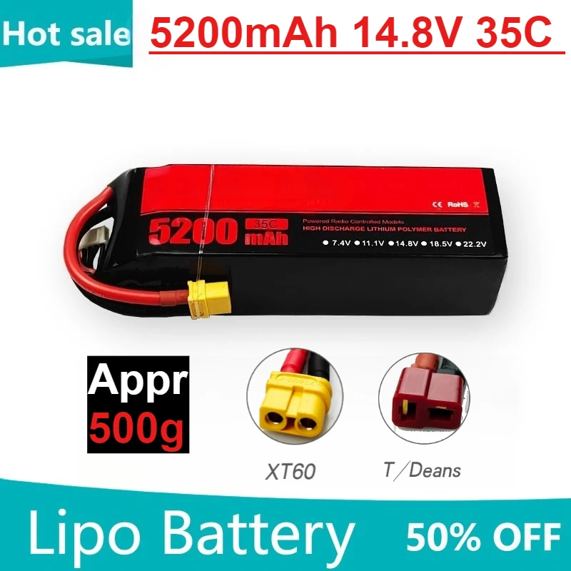 

5200mAh 4S 14.8V 35C Rechargeable Drone Battery for RC Helicopter Quadcopter FPV Racing Drone with T/XT60 Plug