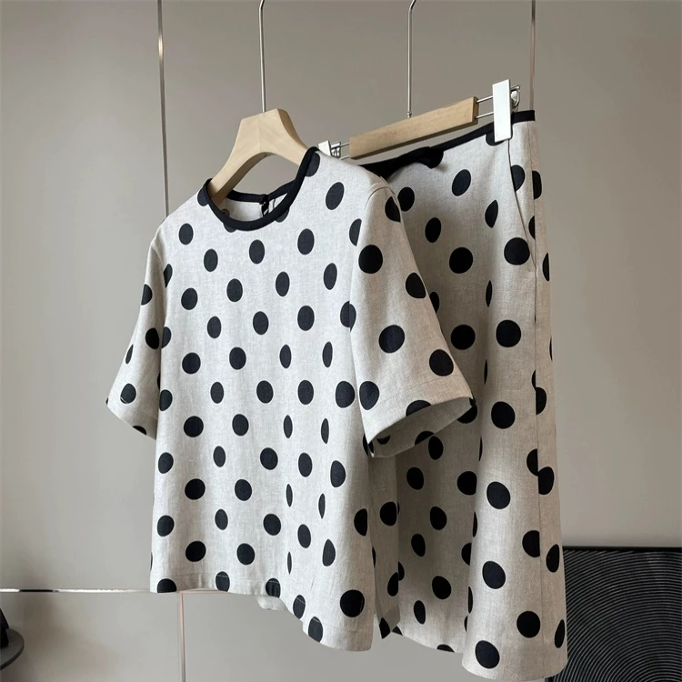 

Floral Print Lace Cap Sleeve Short Dress with Polka Dot Half Skirt And round Dot Short Sleeve Top Women's Summer Fashion Set