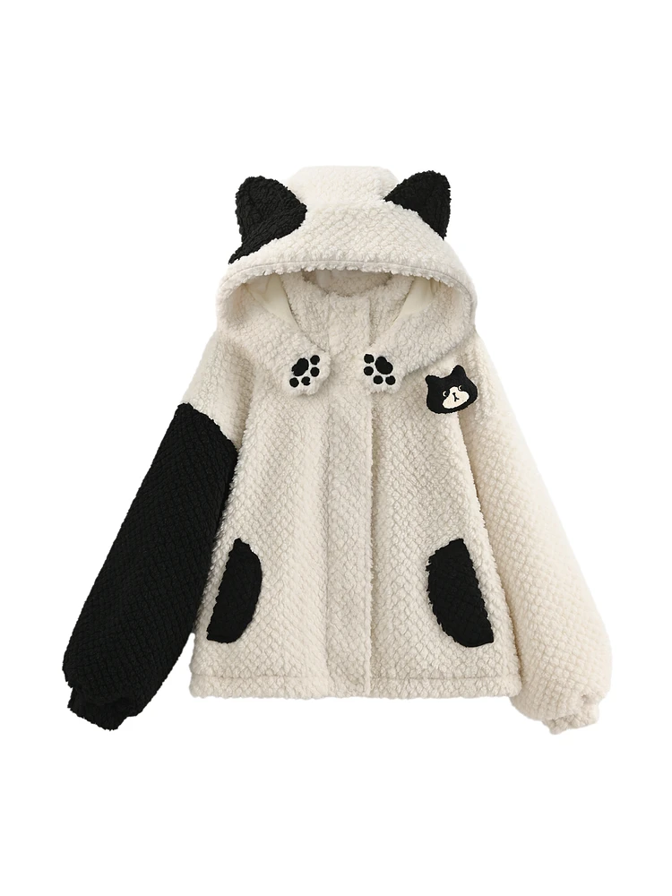 Original Sweet Girl Little Cat Embroidery Fleeced Thick Women's Winter Jackets Coat Loose Casual Zipper Warm Hoodies Sweatshirts