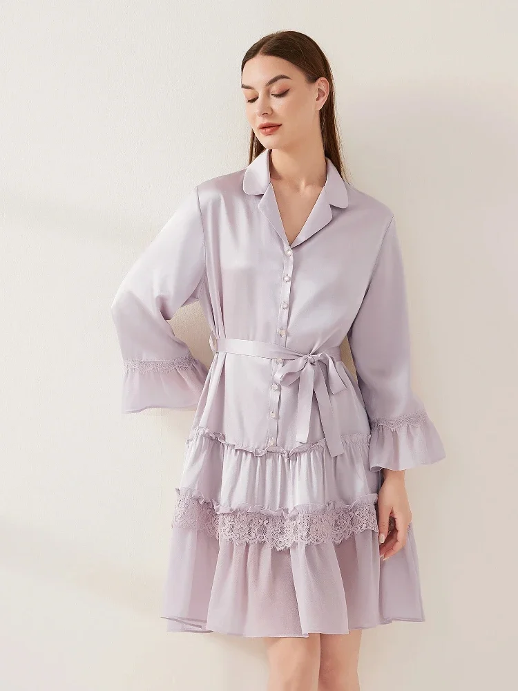 

Элегантный кардиган из 100% тутового шелка с длинными рукавами, ночная рубашка, кружевная аппликация, романтическая сорочка принцессы, ночная рубашка на шнуровке, пижамы