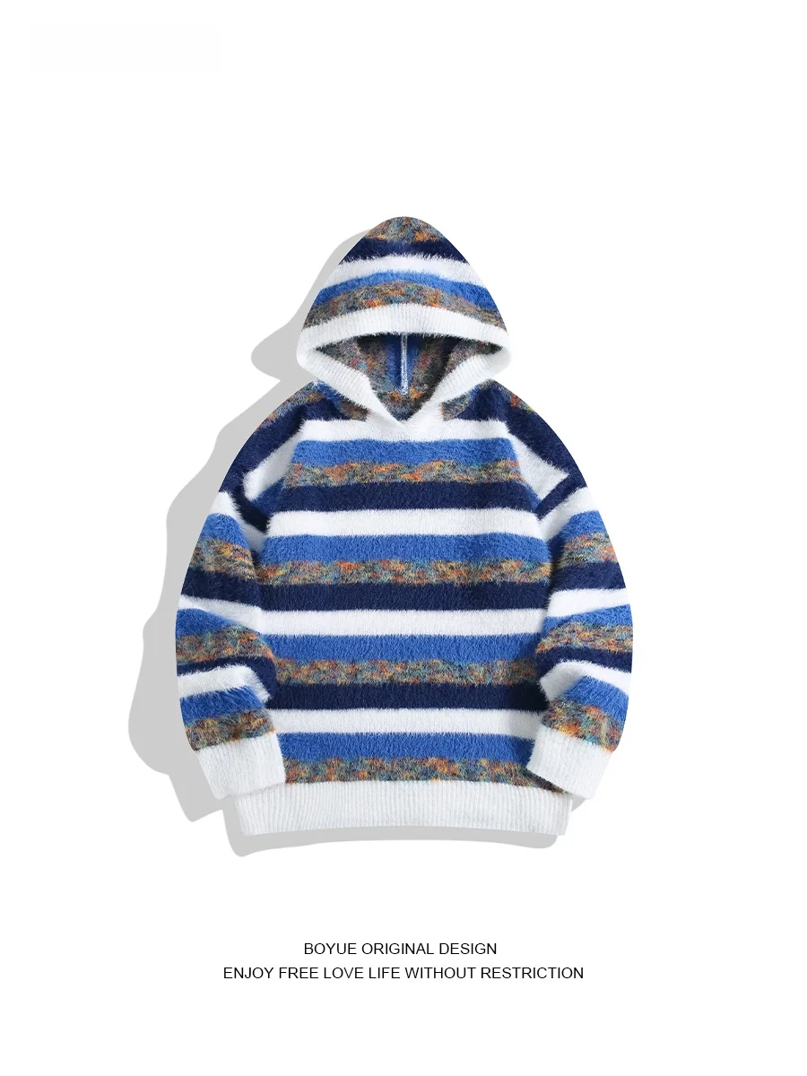 

Повседневный полосатый трикотаж Boyue для мужчин и женщин, винтажная толстовка с капюшоном Hong Kong Sle Laid-ba Leisure Long Sve Crew Ne