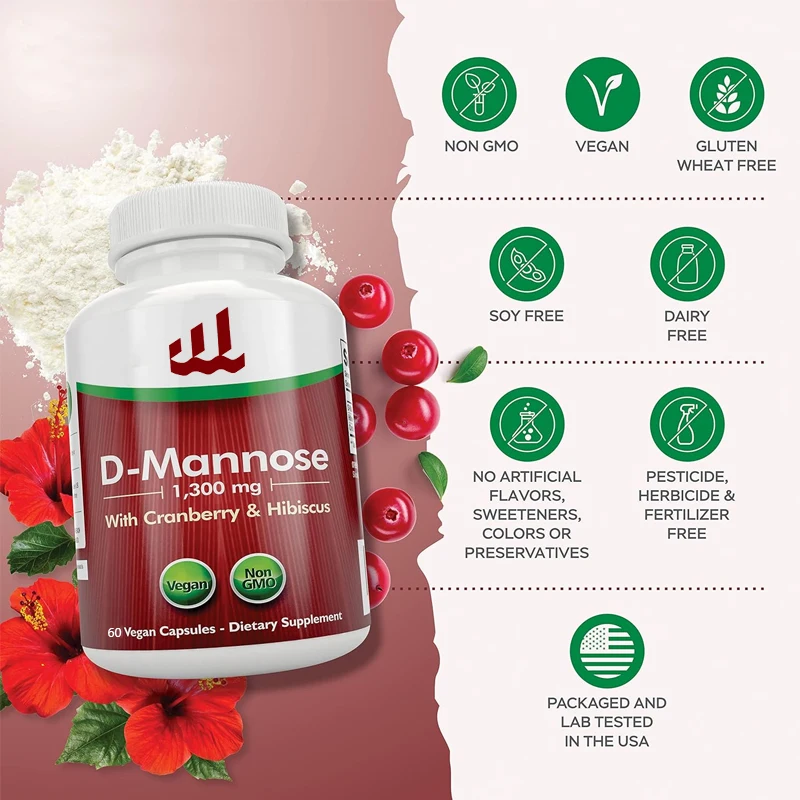 D mannose, 3-in-1 formula D mannose capsules containing cranberries and hibiscus, natural urinary and bladder health support