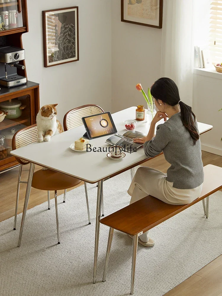 

02Stone Plate Dining Table Home Small Apartment Nordic Retro Rectangular Dining Table