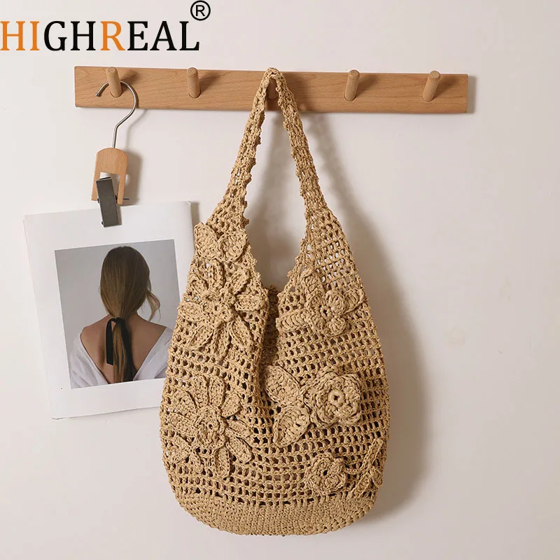 

Bohemian Flower Beach Bag Hollow Woven Shoulder Bags for Women Rose Crochet Straw Bag New Sea Floral Knitting Shopper Tote