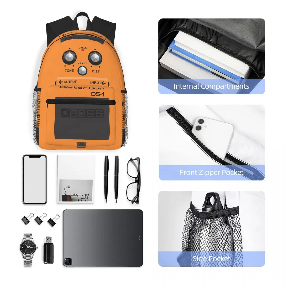 Boss Overdrive Bluesbreaker جيتار دواسة حقيبة ظهر الطالب حقيبة مدرسية المشي لمسافات طويلة السفر Daypack للرجال النساء حقيبة الكتب حقائب الكتف