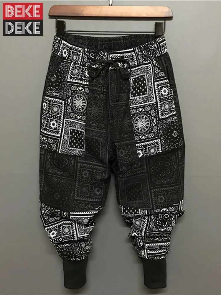 Harajuku Summer Mens Casual Floral Printed Harem Pants Drop Crotch Joggers Sweatpants Thin Elastic Waist Vintage Cross-pants