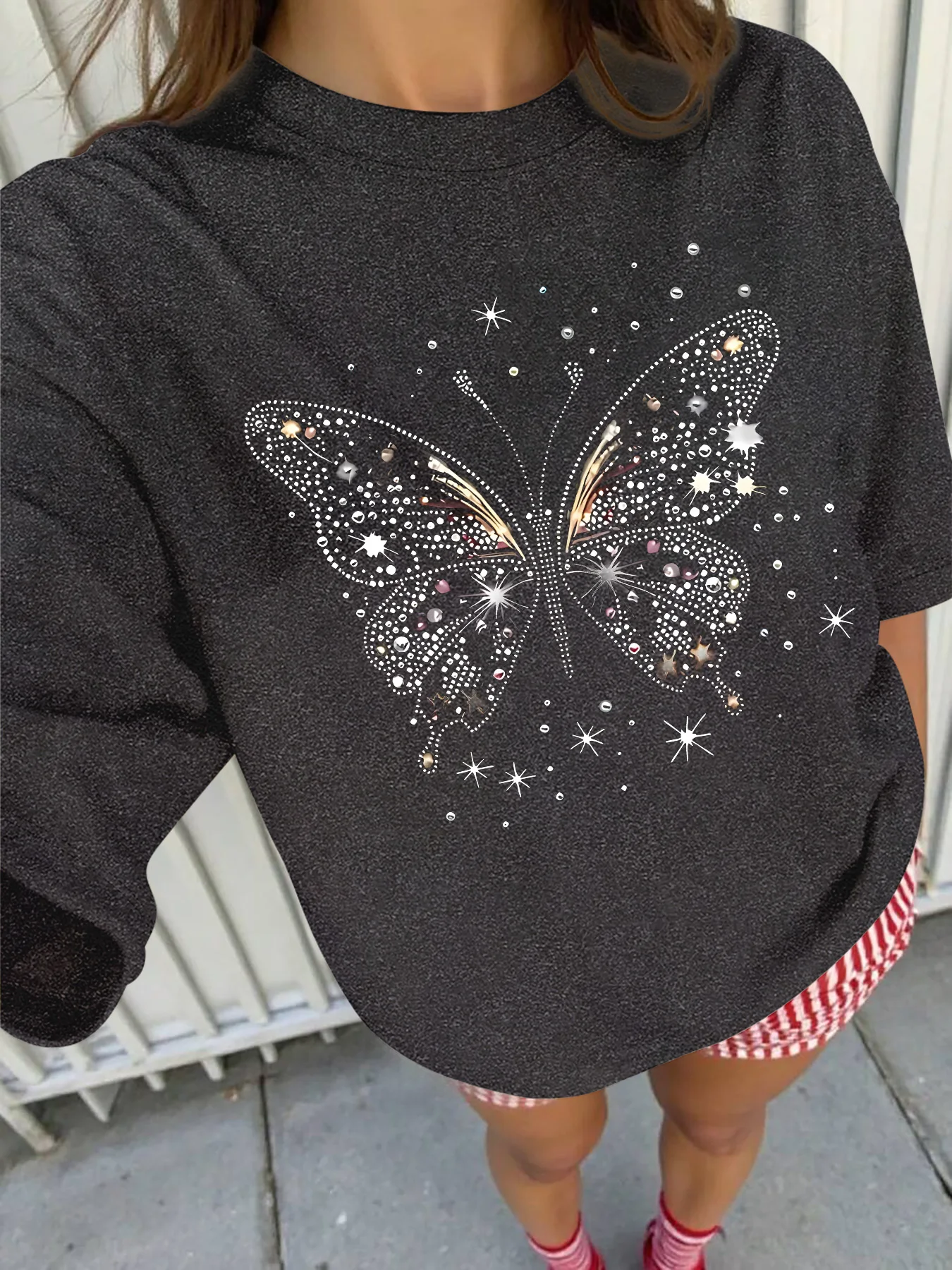 Plus - Size Rhinestone Butterfly Graphic Tee, Six Colour Short - Sleeve