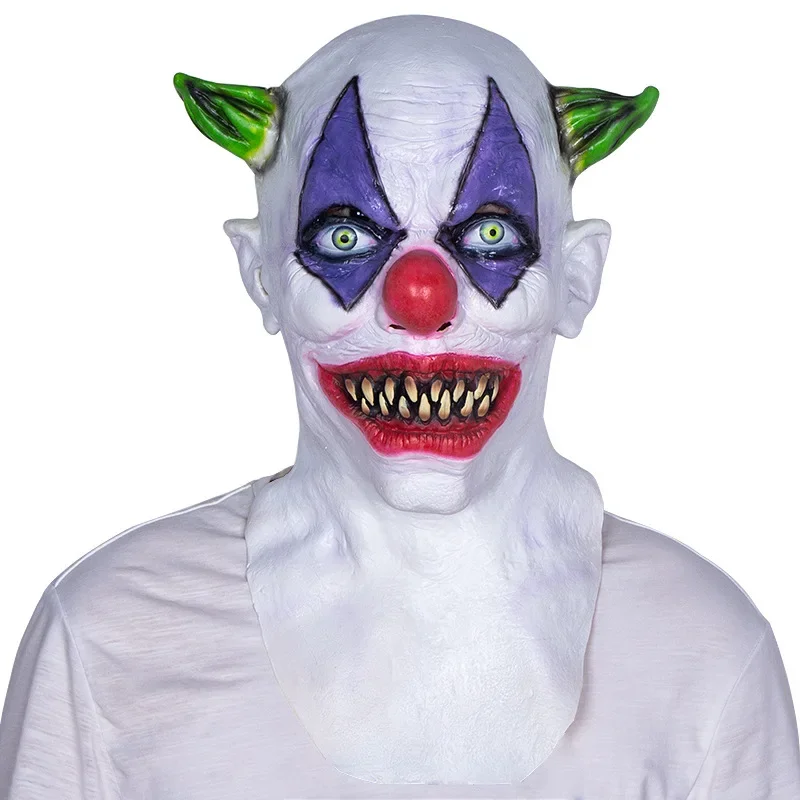 

Evil Joker Mask Horror Killer Clown Latex Full Face Masks Creepy Green Horned Red Nose Clown Head Cover Halloween Prop Mask Cos