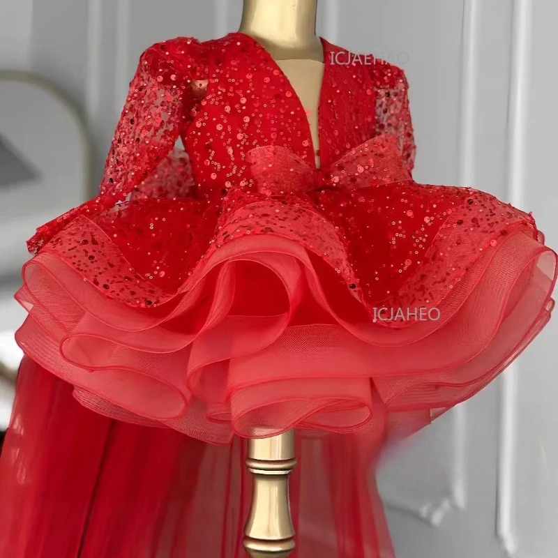 

2026 Children Long Sleeve Sequin Princess DressParty Formal Attire Birthday Celebration Outfit Kids Train Tutu Gown Pageant