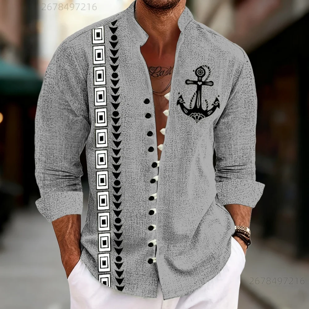Summer lightweight Men's Loose-Fitting Long-Sleeved Shirt, Featuring a Unique Ethnic Color-Blocked Print and Stand-Up Collar.