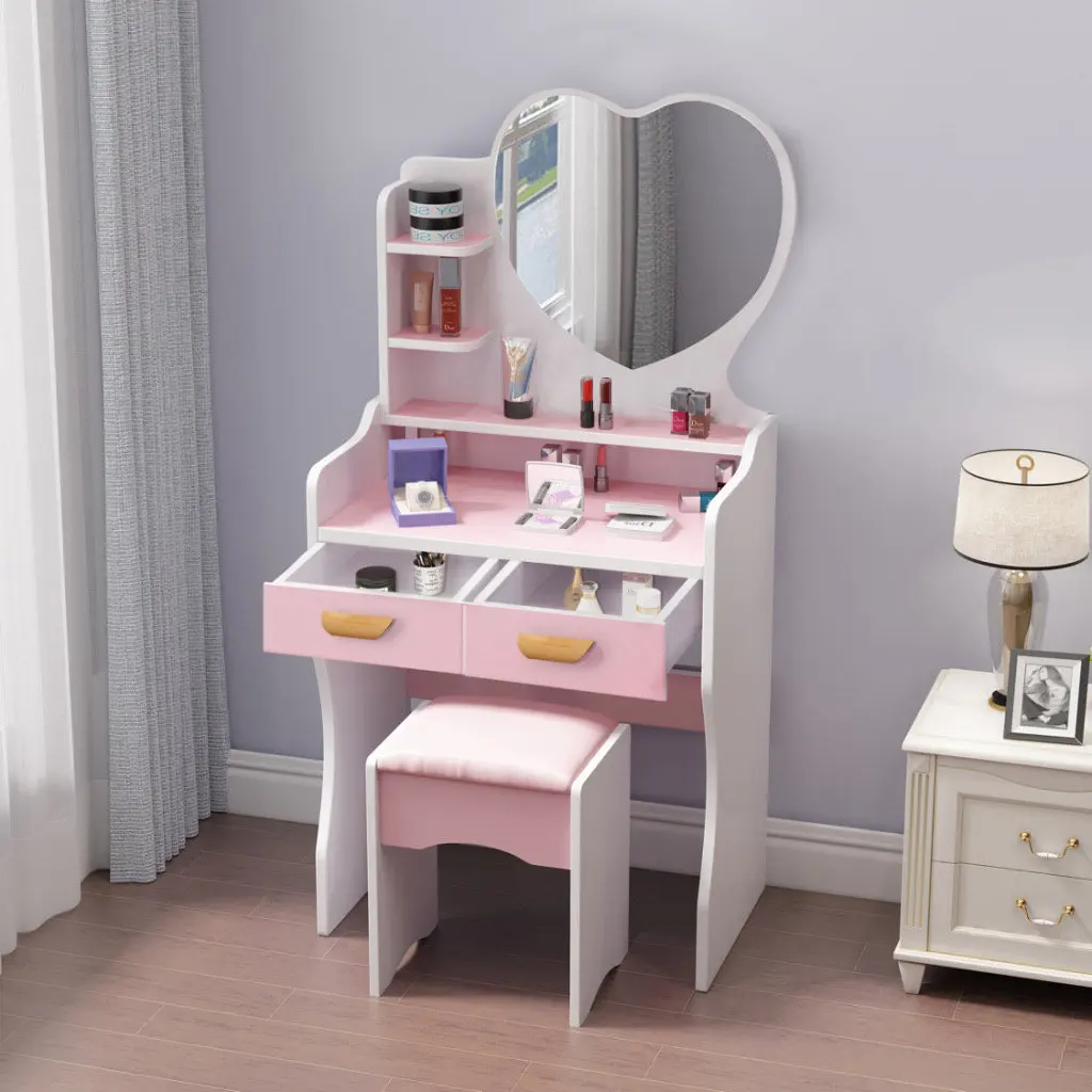 Modern Panel Makeup Table Vanity Dressing Desk with Standing Mirror 3 Colors Available Eco-Friendly for Bedroom or Apartment