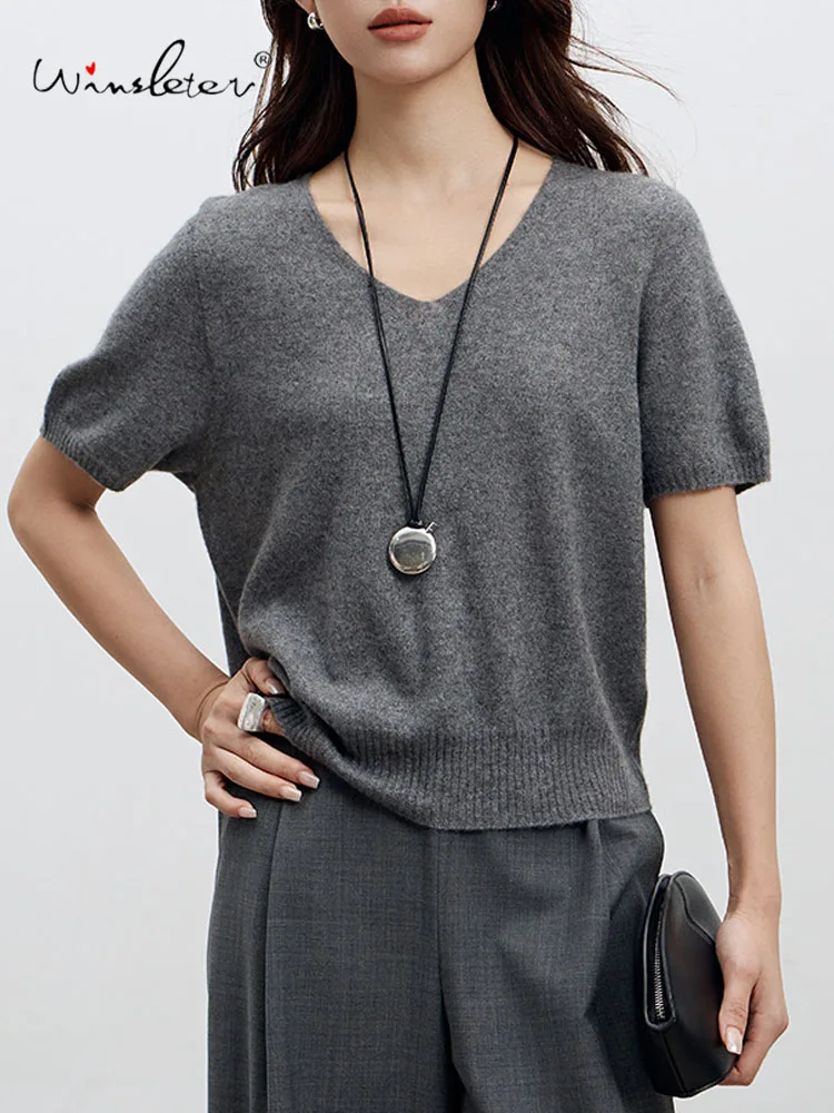 

Winsleter- 91.8%Cashmere 8.2%Silk Elegant Sweater, Women V Neck Short Sleeve, Basic Casual Knit Sweater, 2025 Autumn T58532CC