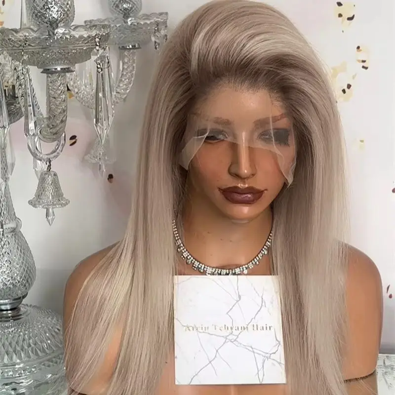 

Free Part Ombre Platinum Blonde Balayage Highlights Washable Synthetic Wig Soft Straight Wig Preplucked Hairline Costume Woman