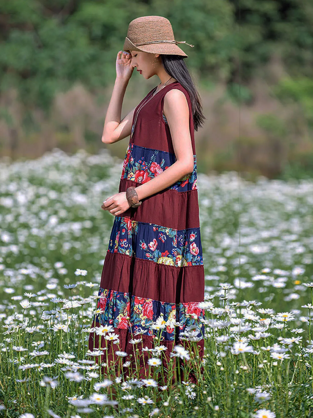 Style ethnique loisirs coton lin robes sans manches femmes été Floral Patchwork bohème ample grande balançoire Maxi longue robe