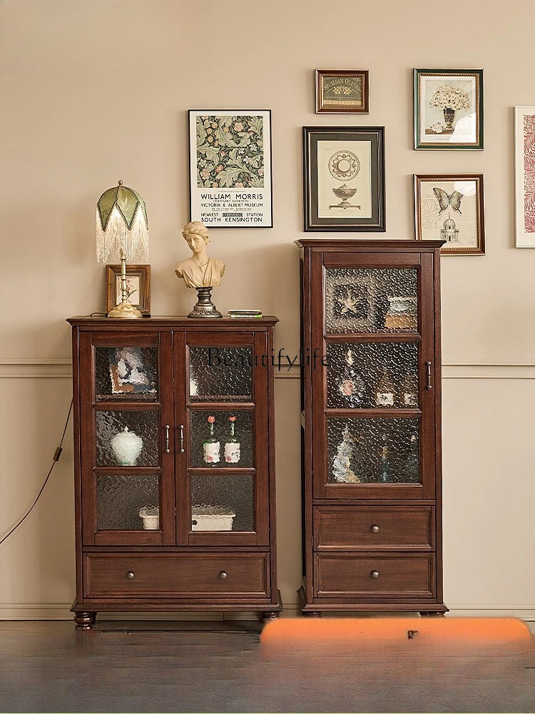 

05-Simple American country walnut all solid wood tall and short wine cabinet living room furniture TV cabinet